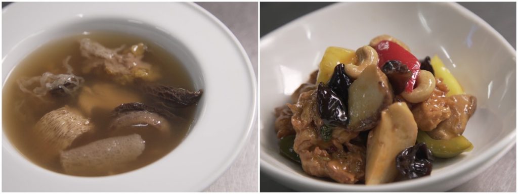 （左圖）姫松茸猴頭菇竹笙黃耳燉湯十分足料，翻熱後喝，仍然保留燉湯的風味。（右圖）泰式菠蘿腰果素雞丁吃進口酸酸甜甜，同樣令人胃口大增。