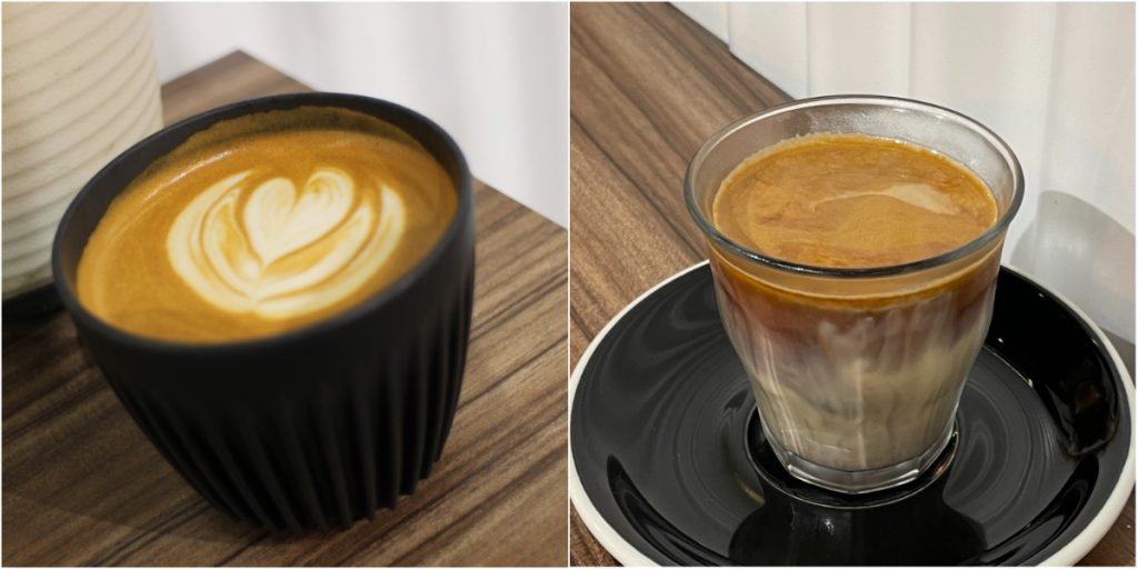 （左圖）「Flate White」是Gary當年在澳洲最喜愛喝的咖啡口味，如今則成為店內招牌咖啡，其植物奶和咖啡的分量比例剛剛好，入口非常香滑，同時喝到咖啡的香濃。（左圖）「Dirty」咖啡是以Espresso撞凍的植物奶而成，同樣甚具特色（圖：佛門網 / Nutsy Coffee Bar）。