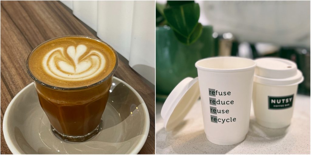（左圖）「Piccolo」同樣來自澳洲，簡單來說就像縮小版的「Latte」，因奶的分量比例不多，更能突出咖啡原味。（右圖）小店近年轉用可分解的外賣杯，盡量減少對地球的損耗；更加歡迎客人自攜杯來買咖啡，大家同為環保出一分力（圖：Nutsy Coffee Bar）。