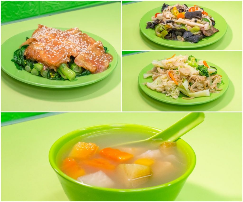 椰菜花燴素大腸根、 南乳芝麻素雞、西椒炒金菇素牛肉等都是店內受歡迎的菜式；亦有客人更特別為一碗素湯而專誠前來光顧（圖：Veggie 365）。