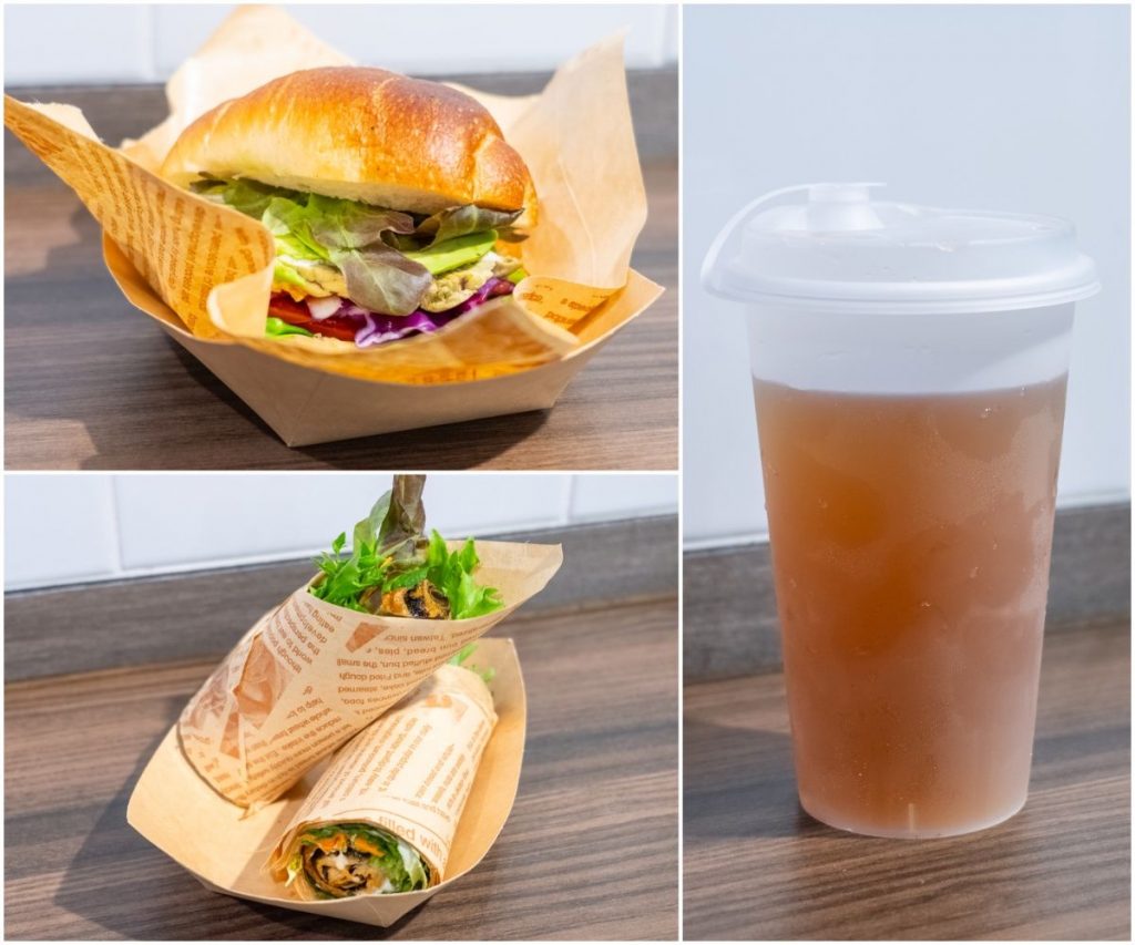 逢周末推出的輕食餐單，包括「彩虹貝貝漢堡」（左上圖）、「沙津菜椰棗醬墨西哥卷餅」（左下圖）和「手工冰糖大麥茶」（右圖）等等，方便客人外帶品嘗。