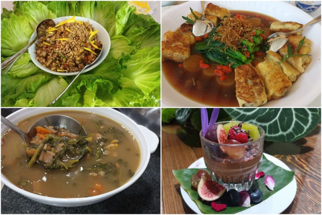「般若妙法照十方/泰式五行天貝生菜包」(左上圖),特別選用超級食物天貝製成素肉碎,幫助大家補充蛋白質。
「智覺行願菩提道/艾草腐皮卷伴上湯杞子菜芯苗」(右上圖)亦用了禪院的新鮮艾草成為腐皮卷餡料,份覺清香。
「常生淨信羅漢珍湯/西洋菜羅漢果蓮藕柴火湯」(左下圖)是衍空法師和衍偉法師十分欣賞的素湯,湯料十足,很有老火湯風味。
「精進緣巧和合生/純素法式焦糖燉蛋」(右下圖)就是惟晟法師提及的法式純素甜品,讓大家知道原來不加蛋奶,一樣可吃到香滑美味的甜點。