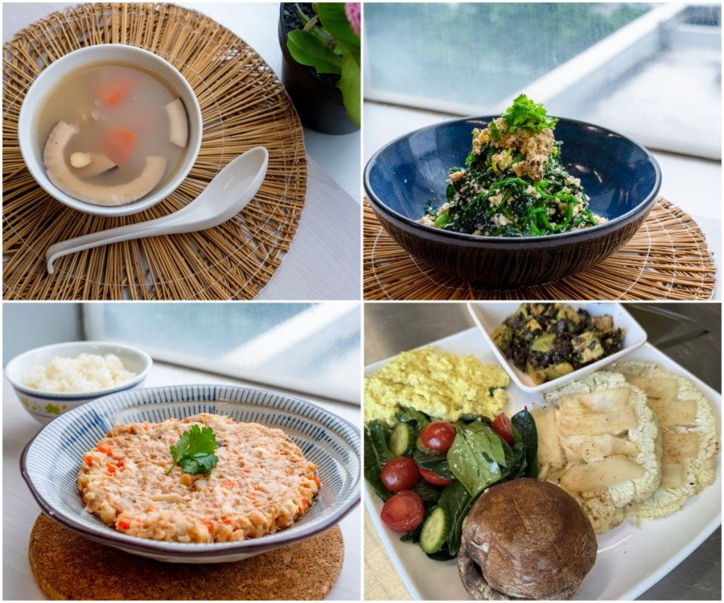 Ken當日示範了和風豆腐醬拌菠菜苗（左上）、印度椰子五指毛桃花生雪耳湯（右上）和馬蹄花菇菜脯植物肉餅（左下）三道素菜；而他在第一堂示範的純素全日早餐（右下），也獲同學們讚不絕口（圖：Veggie 365、素食教煮）。