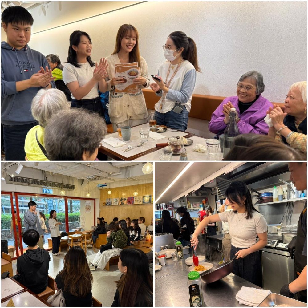同學們上月底來到黃埔「素年」素食餐廳，為一班老友記炮製美味素食；「素年」老闆Kay和Kit，以及一班員工亦在現場指導他們（圖：受訪者提供）。