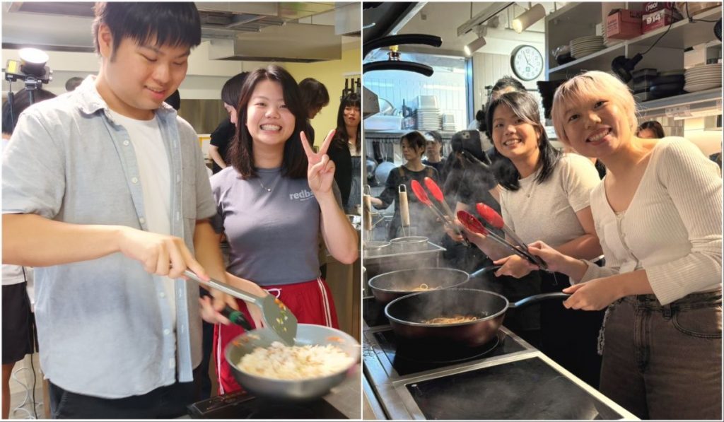 學生Traye（右圖右）對素食教煮示範的素菜大感驚艷，Carmen（右圖左）則表示這通識課程令她對素食改觀；Daniel（左圖左）希望日後能多煮素食，認為對健康有好處。